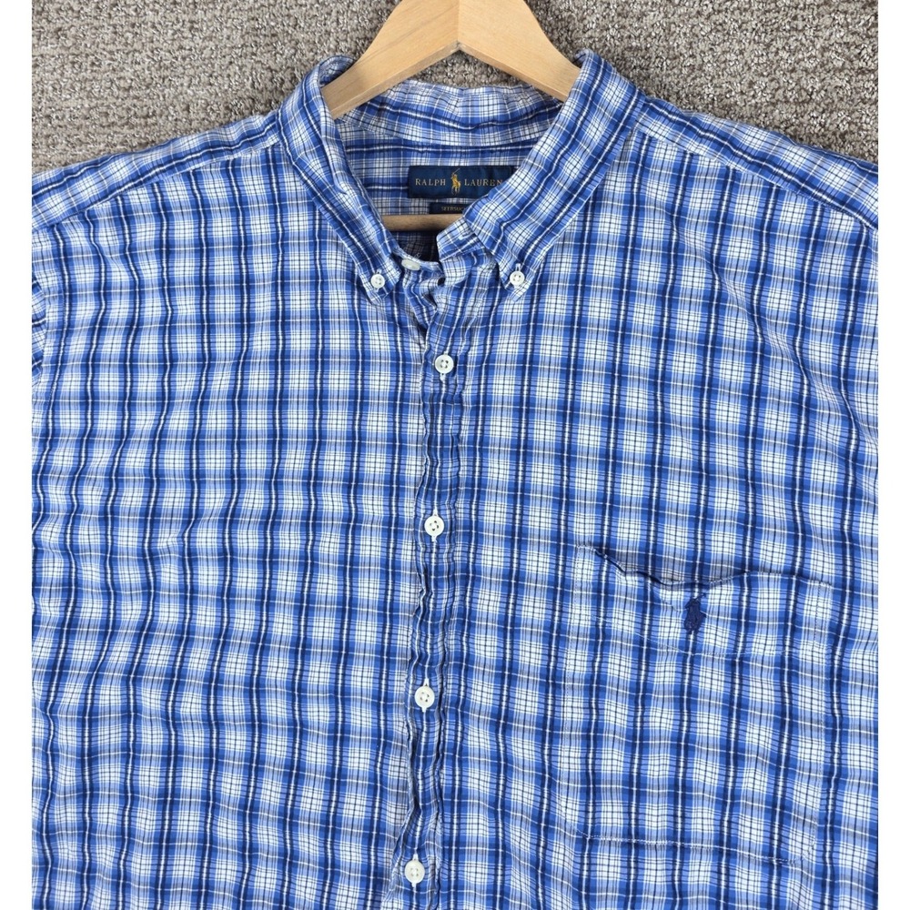 Polo Ralph Lauren Seersucker Button Down Shirt Mens 3XB‎ Blue Plaid Short Sleeve